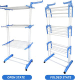 Full Size Heavy Duty Double Pole 3 Layer Cloth Drying Stand, Laundry Rack Stand, Sky Touch Carbon Steel, Blue