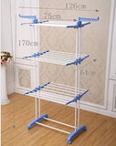 Full Size Heavy Duty Double Pole 3 Layer Cloth Drying Stand, Laundry Rack Stand, Sky Touch Carbon Steel, Blue